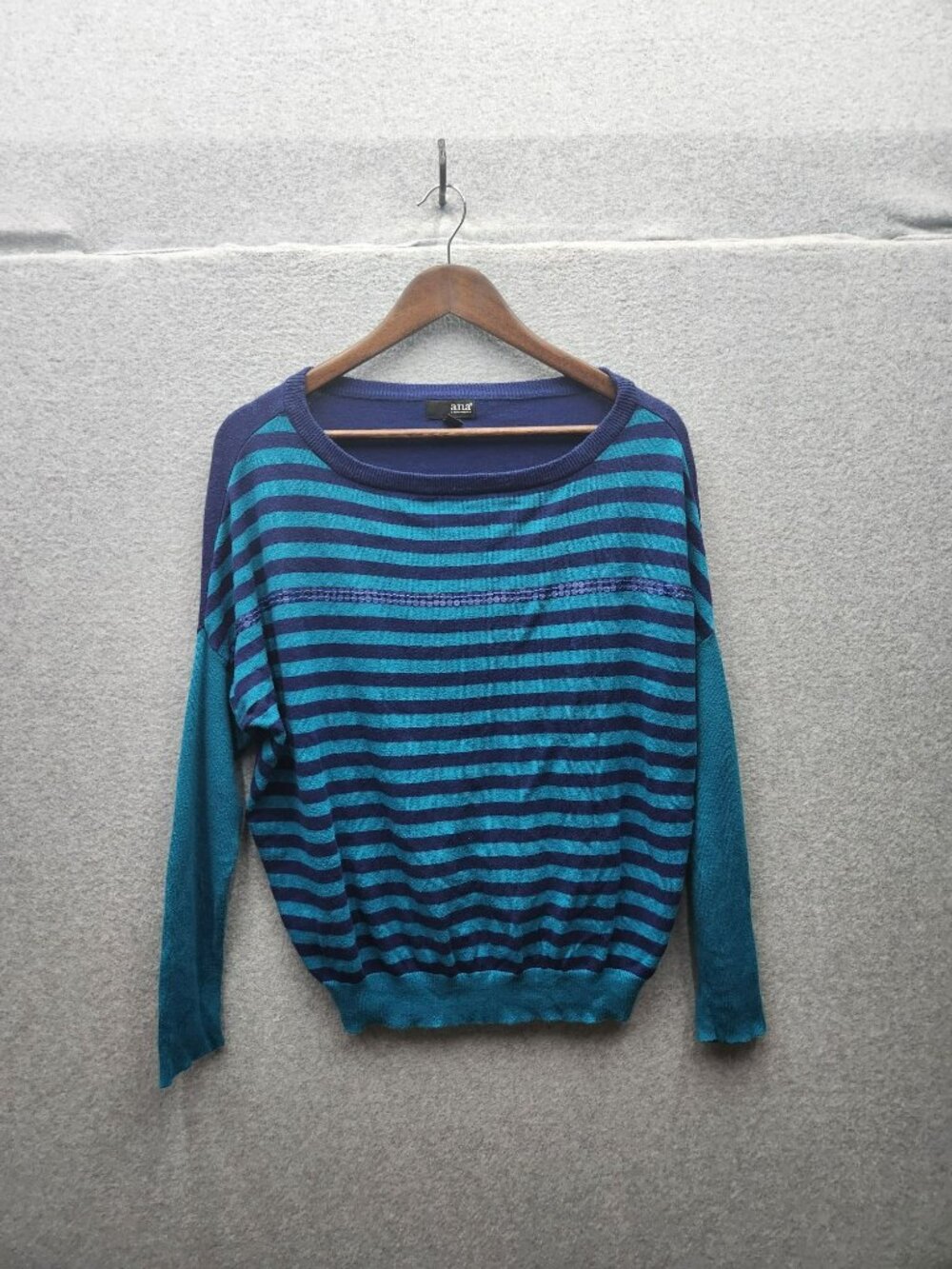 ANA Womens Striped Knit Sweater Blue Teal‎ Medium Cotton Blend